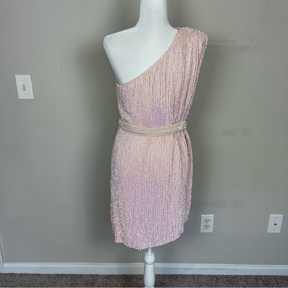 NWT RETROFETE ELLA ONE SHOULDER SEQUIN MINI DRESS IN TAFFY PINK SIZE LARGE - Picture 9 of 16